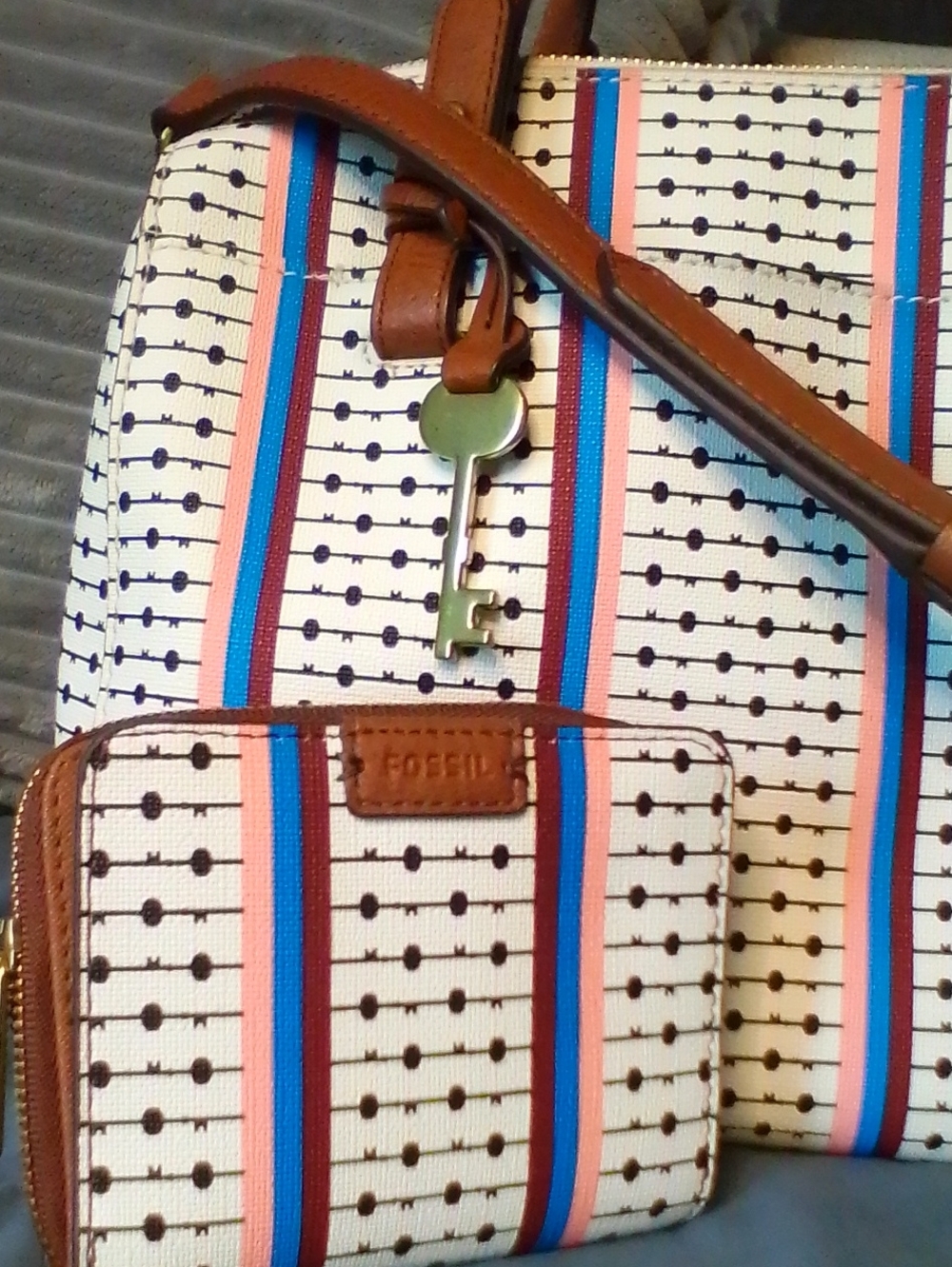 Fossil White Satchel with Brown Handles and Blue & Red Stripes - Picture 2 of 15